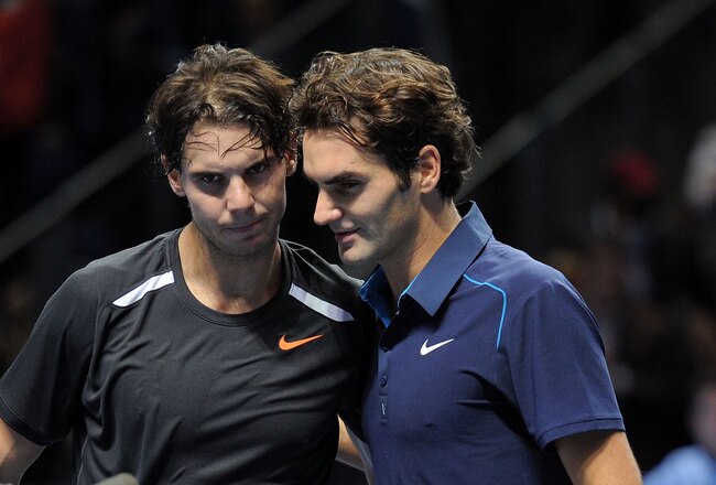 LONDON, ENGLAND - NOVEMBER 22:  Rafael Nadal of Spain greets Roger Federer of Switzerland after the men's singles match during the Barclays ATP World Tour Finals at the O2 Arena on November 22, 2011 in London, England. Federar won 6-3 6-0.  (Photo by Michael Regan/Getty Images for Barclays ATP Finals)