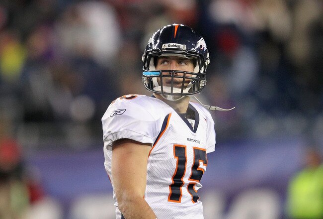 FOXBORO, MA - JANUARY 14:  Tim Tebow #15 of the Denver Broncos looks on against the New England Patriots during their AFC Divisional Playoff Game at Gillette Stadium on January 14, 2012 in Foxboro, Massachusetts.  (Photo by Jim Rogash/Getty Images)