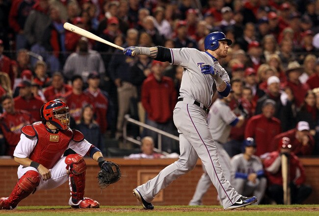 ST LOUIS, MO - OCTOBER 27:  Josh Hamilton #32 of the Texas Rangers hits a two-run home run in the 10th inning during Game Six of the MLB World Series against the St. Louis Cardinals at Busch Stadium on October 27, 2011 in St Louis, Missouri.  (Photo by Jamie Squire/Getty Images)