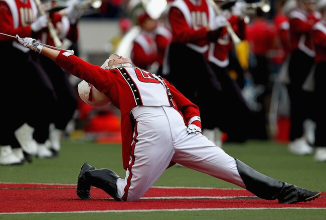 MADISON, WI - SEPTEMBER 24:  The drum major for the Wisconsin Badger band poses during a pre-game show before the Badgers take on the South Dakota Coyotes at Camp Randall Stadium on September 24, 2011 in Madison Wisconsin.  (Photo by Jonathan Daniel/Getty Images)
