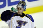 WASHINGTON, DC - NOVEMBER 29:  Jaroslav Halak #41 of the St. Louis Blues gets a drink against the Washington Capitals at Verizon Center on November 29, 2011 in Washington, DC.  (Photo by Rob Carr/Getty Images)