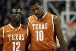 COLUMBIA, MO - JANUARY 14:  Myck Kabongo #12 and Jonathan Holmes #10 of the Texas Longhorns walk onto the court after a timeout during the game against the Missouri Tigers on January 14, 2012 at Mizzou Arena in Columbia, Missouri.  (Photo by Jamie Squire/Getty Images)
