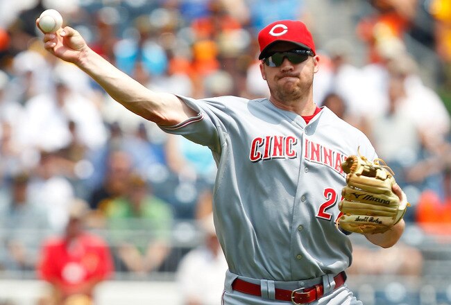 PITTSBURGH - JULY 20:  Scott Rolen #27 of the Cincinnati Reds throws to first base against the Pittsburgh Pirates during the game on July 20, 2011 at PNC Park in Pittsburgh, Pennsylvania.  (Photo by Jared Wickerham/Getty Images)
