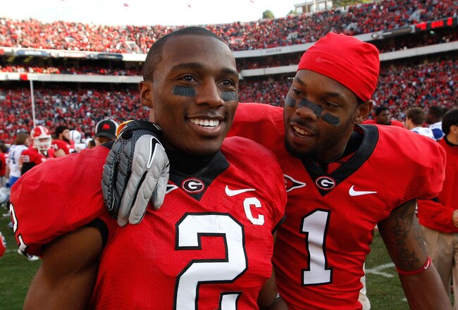 ATHENS, GA - NOVEMBER 19:  Brandon Boykin #2 and Branden Smith #1 of the Georgia Bulldogs celebrate after their 19-10 win over the Kentucky Wildcats at Sanford Stadium on November 19, 2011 in Athens, Georgia.  (Photo by Kevin C. Cox/Getty Images)