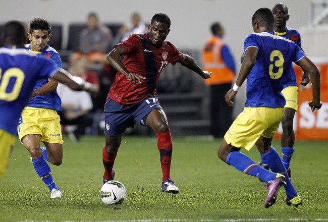HARRISON, NJ - OCTOBER 11: Edson Buddle #17 of the U.S. dribbles by Edison Mendez #8 of Ecuador during their match at Red Bull Arena on October 11, 2011 in Harrison, New Jersey. (Photo by Jeff Zelevansky/Getty Images)