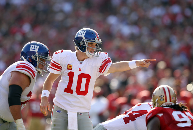 SAN FRANCISCO, CA - NOVEMBER 13:  Eli Manning #10 of the New York Giants in action against the San Francisco 49ers at Candlestick Park on November 13, 2011 in San Francisco, California.  (Photo by Ezra Shaw/Getty Images)