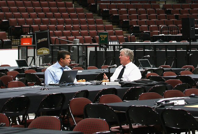 OTTAWA, ON - JUNE 20:  Anaheim Ducks general manager Brian Burke (R) talks with Dave Nonis before the 2008 NHL Entry Draft at Scotiabank Place on June 20, 2008 in Ottawa, Ontario, Canada.  (Photo by Bruce Bennett/Getty Images)