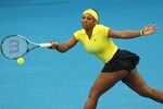 BRISBANE, AUSTRALIA - JANUARY 02:  Serena Williams of the USA plays a shot during her match against Chantelle Scheepers during day two of the 2012 Brisbane International at Pat Rafter Arena on January 2, 2012 in Brisbane, Australia.  (Photo by Chris Hyde/Getty Images)