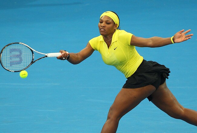 BRISBANE, AUSTRALIA - JANUARY 02:  Serena Williams of the USA plays a shot during her match against Chantelle Scheepers during day two of the 2012 Brisbane International at Pat Rafter Arena on January 2, 2012 in Brisbane, Australia.  (Photo by Chris Hyde/Getty Images)