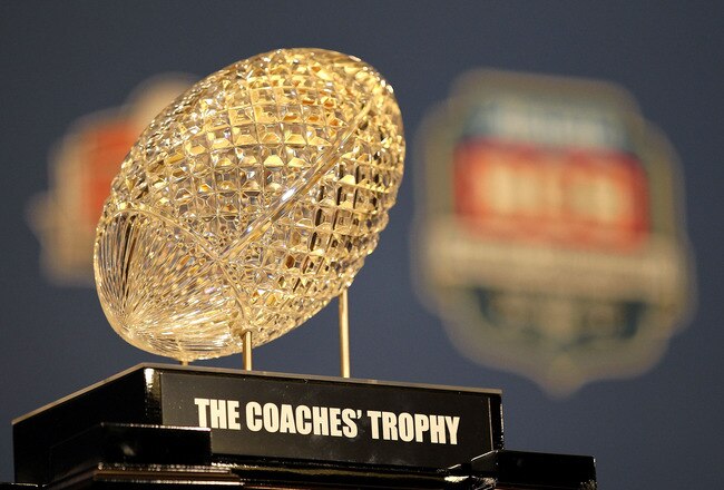 NEW ORLEANS, LA - JANUARY 10:   The Coaches' Trophy, awarded to head coach Nick Saban of the Alabama Crimson Tide after defeating Louisiana State University Tigers in the 2012 Allstate BCS National Championship Game during a press conference on January 10, 2012 in New Orleans, Louisiana.  (Photo by Andy Lyons/Getty Images)