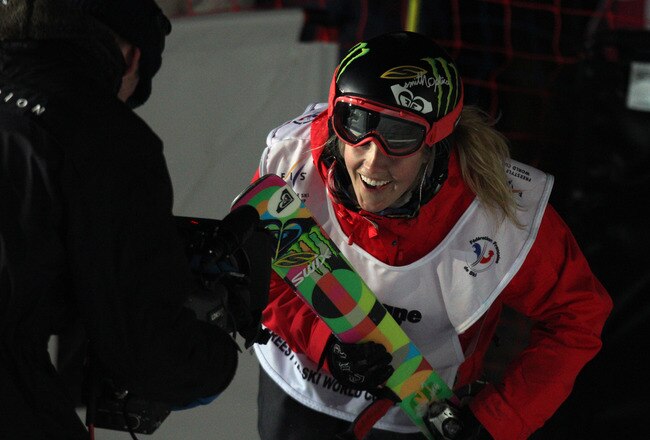 LA PLAGNE, FRANCE - MARCH 20: (FRANCE OUT) Sarah Burke of Canada takes 1st place during the FIS Freestyle World Cup Men's and Women's Halfpipe on March 20, 2011 in La Plagne, France.  (Photo by Christophe Pallot/Agence Zoom/Getty Images)