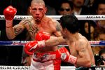 LAS VEGAS - NOVEMBER 14:  A bloodied Miguel Cotto (L) and Manny Pacquiao battle during the 11th round of their WBO welterweight title fight at the MGM Grand Garden Arena on November 14, 2009 in Las Vegas, Nevada. Pacquiao defeated Cotto by TKO in the 12th round.  (Photo by Ethan Miller/Getty Images)