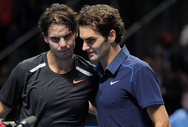 LONDON, ENGLAND - NOVEMBER 22:  Rafael Nadal of Spain greets Roger Federer of Switzerland after the men's singles match during the Barclays ATP World Tour Finals at the O2 Arena on November 22, 2011 in London, England. Federar won 6-3 6-0.  (Photo by Michael Regan/Getty Images for Barclays ATP Finals)