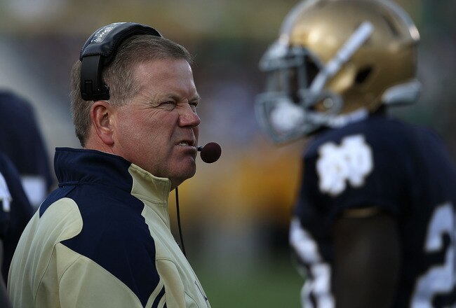 SOUTH BEND, IN - SEPTEMBER 04: Head coach Brian Kelly of the Notre Dame Fighting Irish watches as his team takes on the Purdue Boilermakers at Notre Dame Stadium on September 4, 2010 in South Bend, Indiana. Notre Dame defeated Purdue 23-12. (Photo by Jonathan Daniel/Getty Images)