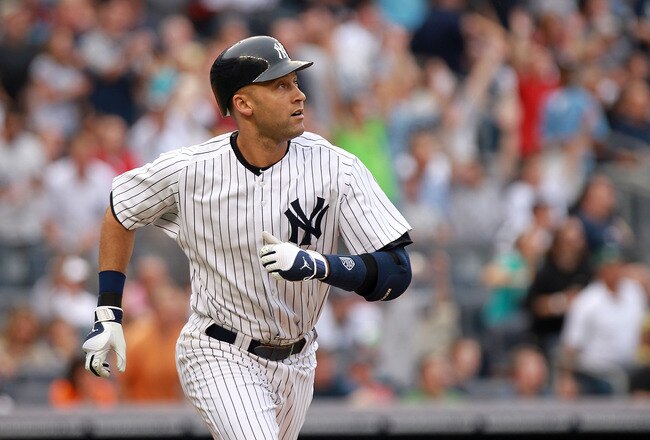 NEW YORK, NY - SEPTEMBER 24:  Derek Jeter #2 of the New York Yankees watches his three RBI home run in the second inning against the Boston Red Sox on September 24, 2011 at Yankee Stadium in the Bronx borough of New York City.  (Photo by Nick Laham/Getty Images)