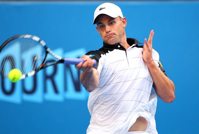 MELBOURNE, AUSTRALIA - JANUARY 17:  Andy Roddick of the United States of America plays a forehand in his first round match against Robin Haase of the Netherlands during day two of the 2012 Australian Open at Melbourne Park on January 17, 2012 in Melbourne, Australia.  (Photo by Mark Kolbe/Getty Images)