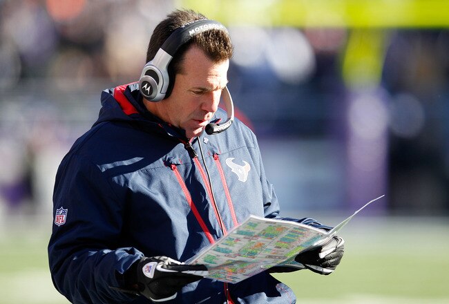 BALTIMORE, MD - JANUARY 15:  Head coach Gary Kubiak of the Houston Texans looks on during the second quarter of the AFC Divisional playoff game against the Baltimore Ravens at M&T Bank Stadium on January 15, 2012 in Baltimore, Maryland.  (Photo by Rob Carr/Getty Images)