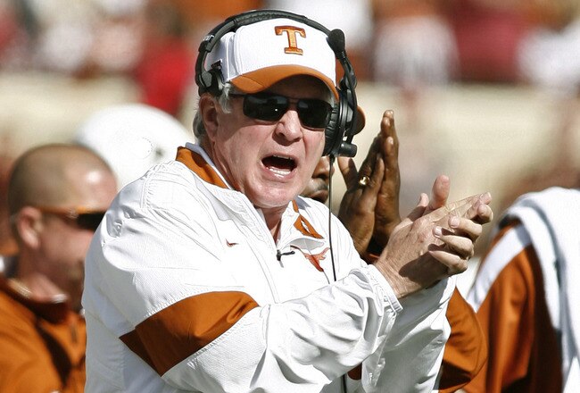 AUSTIN, TX - NOVEMBER 5: Head coach Mack Brown of the Texas Longhorns on the sidelines against the Texas Tech Red Raiders on November 5, 2011 at Darrell K. Royal-Texas Memorial Stadium in Austin, Texas. Texas beat Texas Tech 52-20. (Photo by Erich Schlegel/Getty Images)