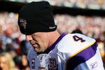 LANDOVER, MD - NOVEMBER 28:  Brett Favre #4 of the Minnesota Vikings walks off the field at the end of the first half against the Washington Redskins at FedExField November 28, 2010 in Landover, Maryland. The Vikings won the game 17-13.  (Photo by Win McNamee/Getty Images)