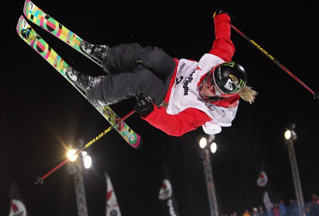 LA PLAGNE, FRANCE - MARCH 20: (FRANCE OUT) Sarah Burke of Canada takes 1st place during the FIS Freestyle World Cup Men's and Women's Halfpipe on March 20, 2011 in La Plagne, France.  (Photo by Christophe Pallot/Agence Zoom/Getty Images)