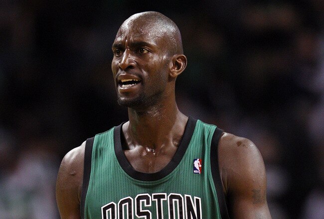 BOSTON, MA - JANUARY 16:  Kevin Garnett #5 of the Boston Celtics reacts after a foul is called against him in the fourth quarter against the Oklahoma City Thunder on January 16, 2012 at TD Garden in Boston, Massachusetts. The Oklahoma City Thunder defeated the Boston Celtics 97-88. NOTE TO USER: User expressly acknowledges and agrees that, by downloading and or using this photograph, User is consenting to the terms and conditions of the Getty Images License Agreement.  (Photo by Elsa/Getty Images)