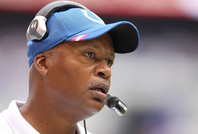 INDIANAPOLIS, IN - OCTOBER 09:  Jim Caldwell the head coach of the Indianapolis Colts watches the action during the NFL game against the Kansas City Chiefs at Lucas Oil Stadium on October 9, 2011 in Indianapolis, Indiana.  (Photo by Andy Lyons/Getty Images)