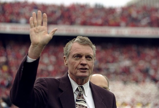 31 Oct 1998:  Former head coach Tom Osborne of the Nebraska Cornhuskers waves to the crowd during the game against the Texas Longhorns at the Memorial Stadium in Lincoln, Nebraska. The Longhorns defeated the Cornhuskers 20-16. Mandatory Credit: Brian Bahr  /Allsport