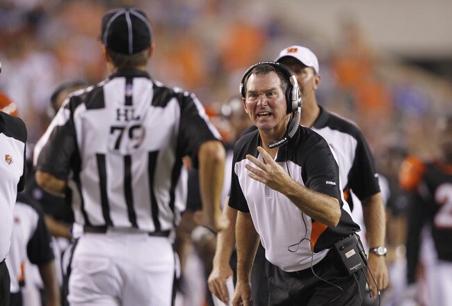 CINCINNATI, OH - SEPTEMBER 1: Cincinnati Bengals defensive coordinator Mike Zimmer argues with head linesman Kent Payne #79 during an NFL preseason game against the Indianapolis Colts at Paul Brown Stadium on September 1, 2011 in Cincinnati, Ohio. The Colts won 17-13. (Photo by Joe Robbins/Getty Images)