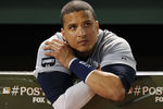 ARLINGTON, TX - OCTOBER 15:  Victor Martinez #41 of the Detroit Tigers reacts after deing defeated in Game Six of the American League Championship Series by the Texas Rangers eliminating them from the playoffs at Rangers Ballpark in Arlington on October 15, 2011 in Arlington, Texas.  (Photo by Harry How/Getty Images)