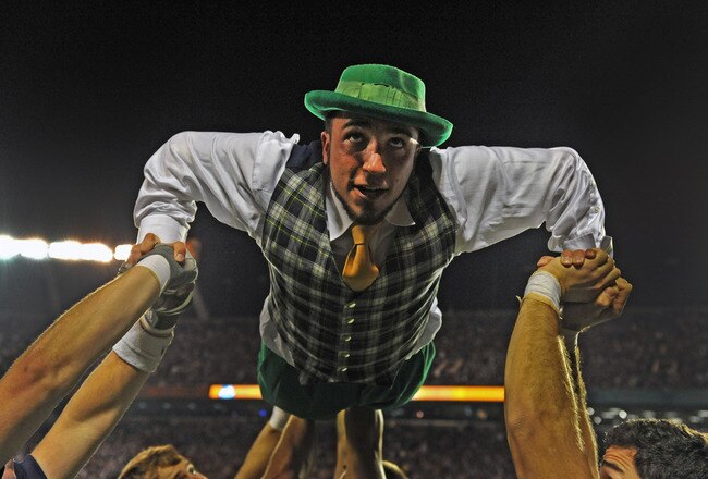ORLANDO, FL - DECEMBER 29: The mascot of the Notre Dame Fight Irish does pushups after a touchdown against the Florida State Seminoles in the Champs Sports Bowl December 29, 2011 at the Florida Citrus Bowl in Orlando, Florida.  FSU won 18 - 14. (Photo by Al Messerschmidt/Getty Images)