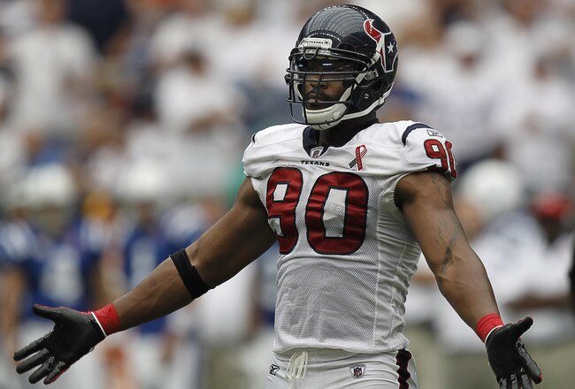 HOUSTON - SEPTEMBER 11:  Mario Williams #90 of the Houston Texans during game action against the Indianapolis Colts at Reliant Stadium on September 11, 2011 in Houston, Texas. The Texans won 34-7.  (Photo by Bob Levey/Getty Images)