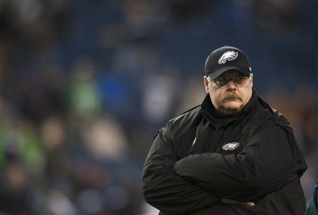 SEATTLE, WA - DECEMBER 1:  Head coach Andy Reid of the Philadelphia Eagles looks on before a game against the Seattle Seahawks at CenturyLink Field December 1, 2011 in Seattle, Washington. Seahawks won 31-14. (Photo by Jay Drowns/Getty Images)