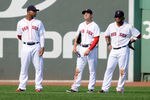 BOSTON, MA - SEPTEMBER 14:  Carl Crawford #13 (L), Jacoby Ellsbury #2, and Darnell McDonald #54 (R) of the Boston Red Sox stand in the outfield in the sixth inning against the Toronto Blue Jays at Fenway Park on September 14, 2011 in Boston, Massachusetts. The Blue Jays won the game 5-4.(Photo by Darren McCollester/Getty Images)