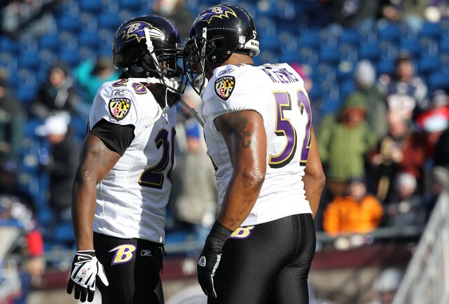 FOXBORO, MA - JANUARY 10:  (L-R) Ed Reed #20 and Ray Lewis #52 of the Baltimore Ravens talk on the field during warm ups against the New England Patriots during the 2010 AFC wild-card playoff game at Gillette Stadium on January 10, 2010 in Foxboro, Massachusetts.  (Photo by Jim Rogash/Getty Images)