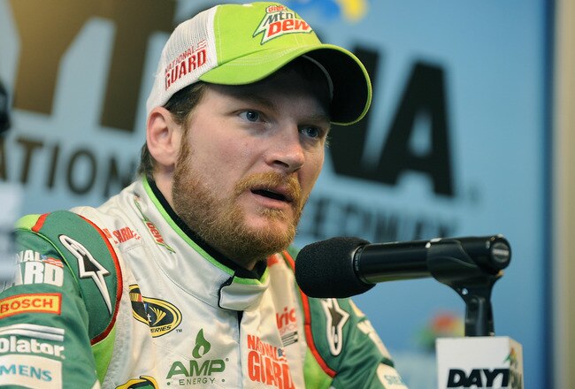 DAYTONA BEACH, FL - JANUARY 12:  Dale Earnhardt Jr., driver of the #88 Diet Mountain Dew Chevrolet, speaks to the media during Daytona Preseason Thunder at Daytona International Speedway on January 12, 2012 in Daytona Beach, Florida.  (Photo by Jared C. Tilton/Getty Images for NASCAR)