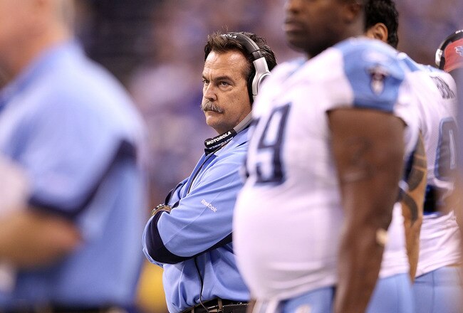 INDIANAPOLIS - JANUARY 02:  Jeff Fisher the Head Coach of the Tennessee Titans watches play during NFL game against the Indianapolis Colts at Lucas Oil Stadium on January 2, 2011 in Indianapolis, Indiana.  (Photo by Andy Lyons/Getty Images)