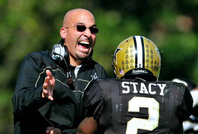 NASHVILLE, TN - OCTOBER 29:  Coach James Franklin and Zac Stacy #2 of the Vanderbilt Commodores celebrate after Stacy's touchdown against the Arkansas Razorbacks during play at Vanderbilt Stadium on October 29, 2011 in Nashville, Tennessee. Arkansas won 31-28.  (Photo by Grant Halverson/Getty Images)