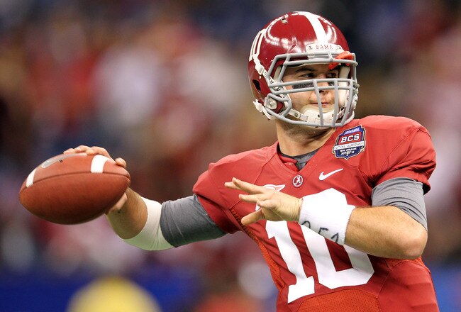 NEW ORLEANS, LA - JANUARY 09:  AJ McCarron #10 of the Alabama Crimson Tide warms up before playing against the Louisiana State University Tigers in the 2012 Allstate BCS National Championship Game at Mercedes-Benz Superdome on January 9, 2012 in New Orleans, Louisiana.  (Photo by Andy Lyons/Getty Images)