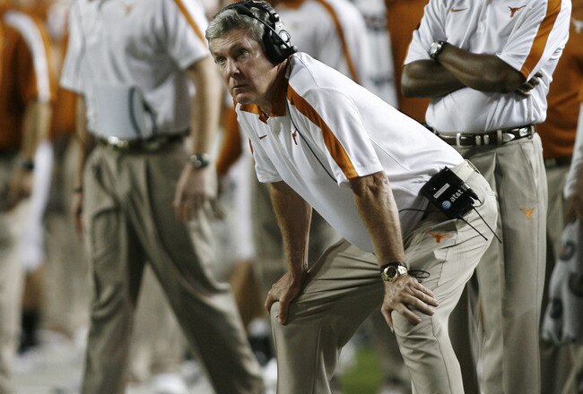 AUSTIN, TX - SEPTEMBER 3:  Head Coach Mack Brown of the Texas Longhorns looks on from the sidelines in the NCAA game against the Rice Owls on September 3, 2011 at Darrell K. Royal-Texas Memorial Stadium in Austin, Texas.  Texas defeated Rice 34-9. (Photo by Erich Schlegel/Getty Images)