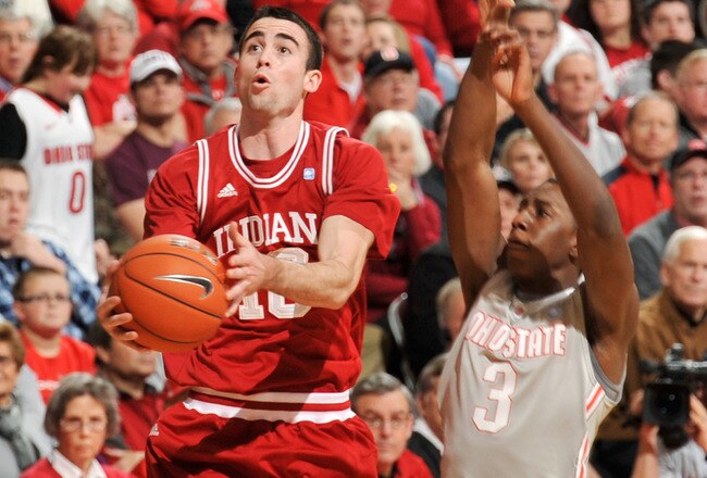 COLUMBUS, OH - JANUARY 15:  Will Sheehey #10 of the Indiana Hoosiers attempts a lay up as Shannon Scott #3 of the Ohio State Buckeyes comes in to swat the ball away on January 15, 2012 at Value City Arena in Columbus, Ohio. Ohio State defeated Indiana 80-63. (Photo by Jamie Sabau/Getty Images)
