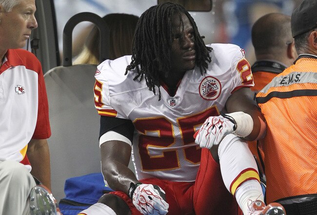 DETROIT, MI - SEPTEMBER 18:  Jamaal Charles #25 of the Kansas City Chiefs is driven off the field after being injured against the Detroit Lions at Ford Field on September 18, 2011 in Detroit, Michigan.  (Photo by Dave Reginek/Getty Images)