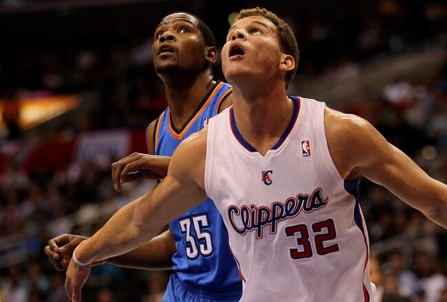 LOS ANGELES - NOVEMBER 3:  Blake Griffin #32 of the Los Angeles Clippers and Kevin Durant #35 of the Oklahoma City Thunder look for a rebound at Staples Center on November 3, 2010 in Los Angeles, California.  NOTE TO USER: User expressly acknowledges and agrees that, by downloading and or using this photograph, User is consenting to the terms and conditions of the Getty Images License Agreement. (Photo by Stephen Dunn/Getty Images)