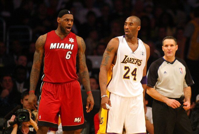 LOS ANGELES, CA - DECEMBER 25: LeBron James #6 of the Miami Heat exchanges words with Kobe Bryant #24 of the Los Angeles Lakers late in the fourth quarter during the NBA game at Staples Center on December 25, 2010 in Los Angeles, California. The Heat defeated the Lakers 96-80. (Photo by Victor Decolongon/Getty Images)