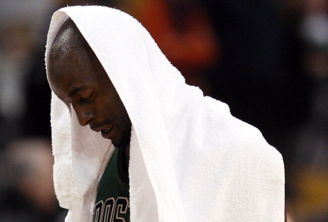 BOSTON, MA - JANUARY 16:  Kevin Garnett #5 of the Boston Celtics walks off the court after the loss to the Oklahoma City Thunder on January 16, 2012 at TD Garden in Boston, Massachusetts. The Oklahoma City Thunder defeated the Boston Celtics 97-88. NOTE TO USER: User expressly acknowledges and agrees that, by downloading and or using this photograph, User is consenting to the terms and conditions of the Getty Images License Agreement.  (Photo by Elsa/Getty Images)