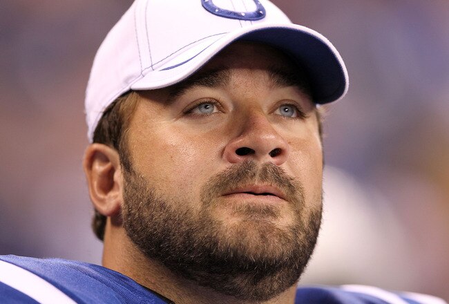 INDIANAPOLIS, IN - AUGUST 19:  Jeff Saturday #63 of the Indianapolis Colts watches the action during the game against the Washington Redskins at Lucas Oil Stadium on August 19, 2011 in Indianapolis, Indiana.  (Photo by Andy Lyons/Getty Images)