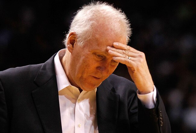 MIAMI, FL - JANUARY 17:  San Antonio Spurs head coach Gregg Popovich reacts during a game against the Miami Heat at American Airlines Arena on January 17, 2012 in Miami, Florida. NOTE TO USER: User expressly acknowledges and agrees that, by downloading and/or using this Photograph, User is consenting to the terms and conditions of the Getty Images License Agreement.  (Photo by Mike Ehrmann/Getty Images)