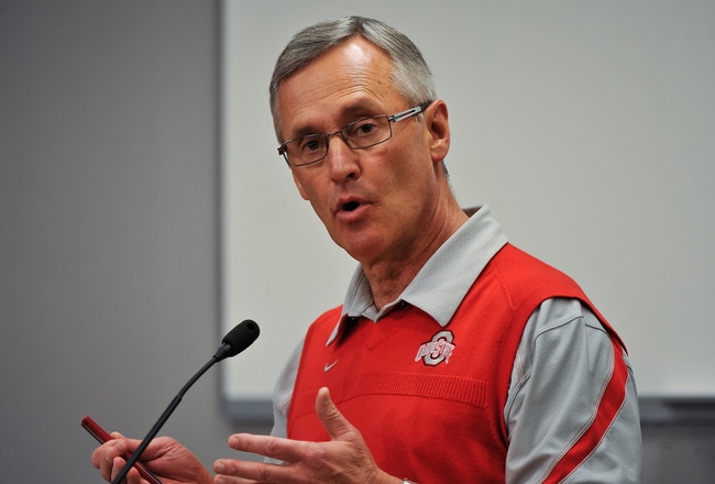 COLUMBUS, OH - MARCH 30:  Head Coach Jim Tressel speaks to the media during a press conference before the start of Spring practices at the Woody Hayes Athletic Center at The Ohio State University on March 30, 2011 in Columbus, Ohio. (Photo by Jamie Sabau/Getty Images)