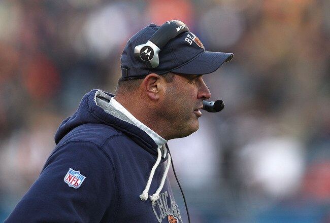 CHICAGO - NOVEMBER 14: Offensive line coach Mike Tice of the Chicago Bears watches as his team takes on the Minnesota Vikings at Soldier Field on November 14, 2010 in Chicago, Illinois. The Bears defeated the Vikings 27-13. (Photo by Jonathan Daniel/Getty Images)