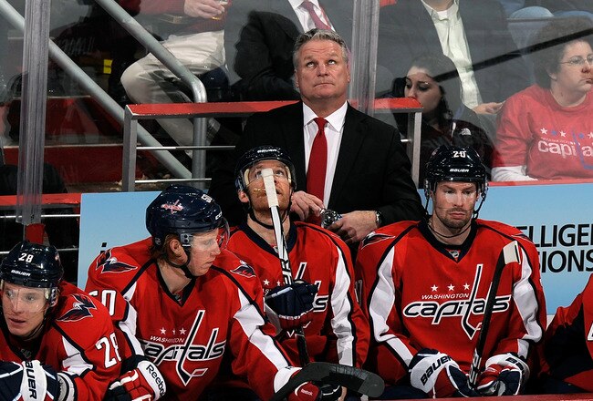 WASHINGTON, DC - DECEMBER 13:  Head coach Dale Hunter of the Washington Capitals looks up at the scoreboard during the game against the Philadelphia Flyers at the Verizon Center on December 13, 2011 in Washington, DC. Philadelphia won the game 5-1.  (Photo by Greg Fiume/Getty Images)