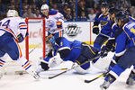 ST. LOUIS, MO - JANUARY 5: Jaroslav Halak #41 of the St. Louis Blues makes a save against the Edmonton Oilersat the Scottrade Center  on January 5, 2012 in St. Louis, Missouri.  (Photo by Dilip Vishwanat/Getty Images)